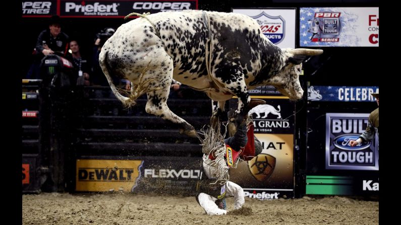 Mike Lee falls off a bull during a Professional Bull Riders event in Sacramento, California, on Friday, January 27.
