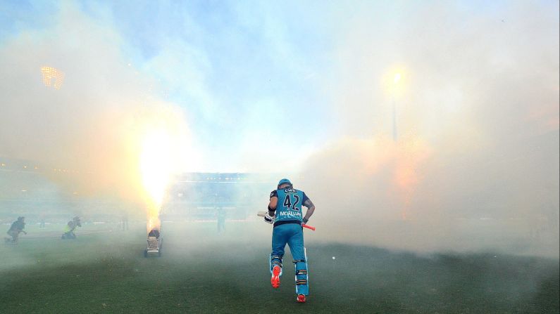 Brendon McCullum, a cricket player with the Brisbane Heat, enters the field of play before a Big Bash League semifinal match in Brisbane, Australia, on Wednesday, January 25. 