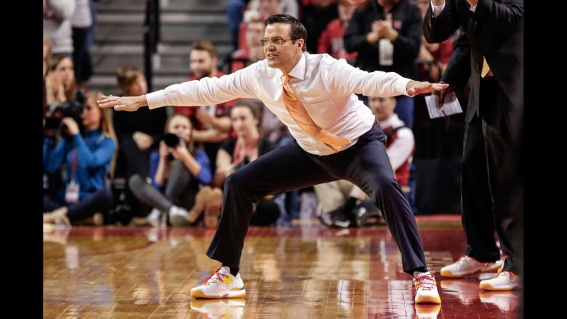 Nebraska's Tim Miles coaches his players during a Big Ten game against Purdue on Sunday, January 29. Basketball coaches across the country <a href="index.php?page=&url=http%3A%2F%2Fcoaches.acsevents.org%2Fsite%2FPageServer%2F%3Fpagename%3DCVC_Home" target="_blank" target="_blank">wore sneakers over the weekend</a> to raise awareness for the American Cancer Society.