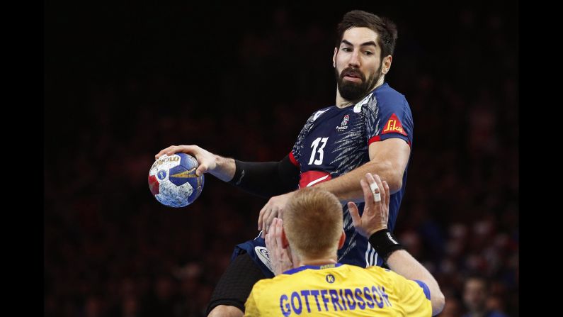 France's Nikola Karabatic leaps during a quarterfinal match against Sweden at the World Handball Championship on Tuesday, January 24.