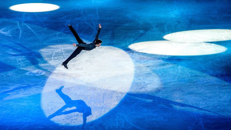 Russian figure skater Mikhail Kolyada performs during the exhibition portion of the European Championships on Sunday, January 29.