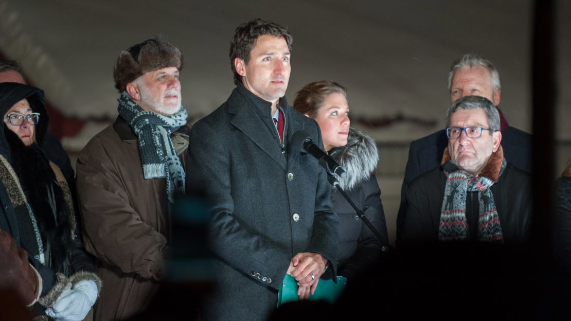 Canadian prime minister Justin Trudeau speaks during a rally near the Islamic Cultural Center in Quebec City.