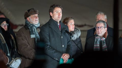 Canadian Prime Minister Justin Trudeau addresses a rally Monday night near the Quebec City mosque.