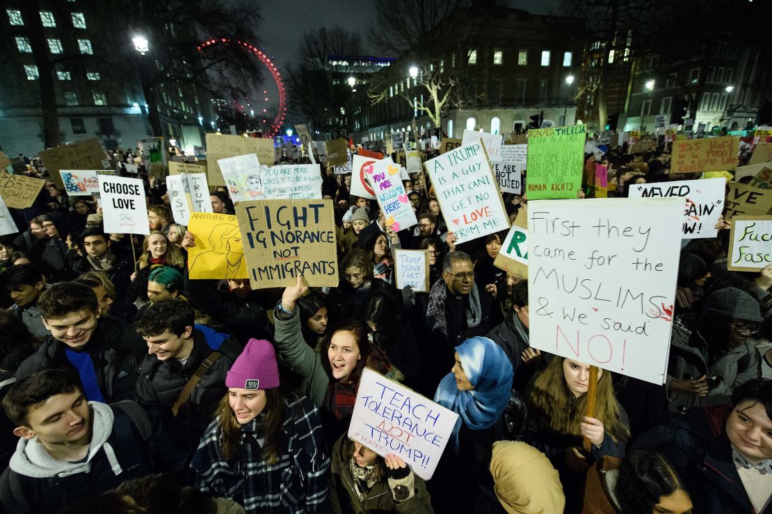 Protestors gather in their thousands outside Downing Street to protest Trump's executive order on immigration (Photo by Leon Neal/Getty Images)