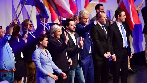 Marine Le Pen with other far-right European politicians at an event hosted by the Europe of Nations and Freedom political group.