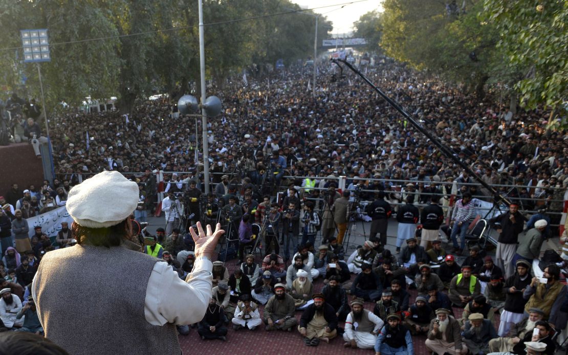 Hafiz Saeed addresses demonstrators during a protest against the printing of satirical sketches of the Prophet Muhammad by French magazine Charlie Hebdo, in Lahore on January 18, 2015.