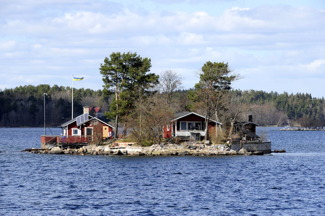 A little island with a private summer house is pictured in the archipelago of Stockholm.