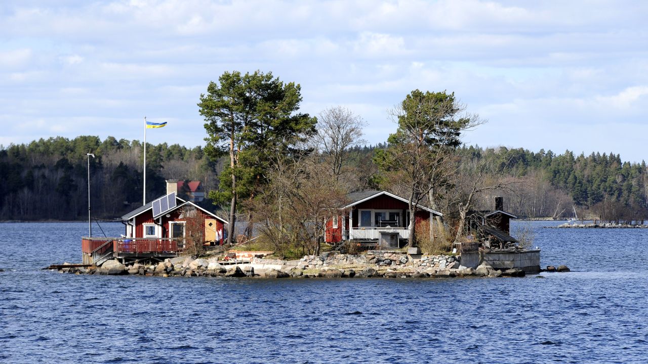A little island with a private summer house is pictured in the archipelago of Stockholm.