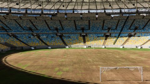 The pitch of the Maracana stadium in Rio de Janeiro, where its turf is dry and worn. The iconic stadium hosted the 2016 Olympic Games, but six months later a series of legal battles and abandonment have left this once glorious venue in a state of total decay. Photographer Joao Pina explored the stadium on assignment for CNN.