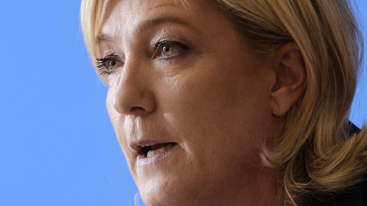 Head of the French far-right Front National (FN) party, Marine Le Pen gives a press conference at the FN headquarters in Nanterre on February 6, 2015. AFP PHOTO / MIGUEL MEDINA (Photo credit should read MIGUEL MEDINA/AFP/Getty Images)