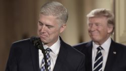 Judge Neil Gorsuch (L) speaks, after US President Donald Trump nominated him for the Supreme Court, at the White House in Washington, DC, on January 31, 2017.President Donald Trump on nominated federal appellate judge Neil Gorsuch as his Supreme Court nominee, tilting the balance of the court back in the conservatives' favor. / AFP / Brendan SMIALOWSKI        (Photo credit should read BRENDAN SMIALOWSKI/AFP/Getty Images)