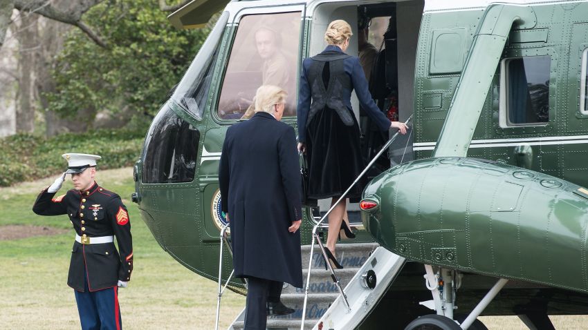 US President Donald Trump and his daughter Ivanka board Marine One at the White House in Washington, DC, on February 1, 2017.
Trump flew to Dover Air Force Base for arrival of remains of a US commando killed William "Ryan" Owens early January 29, in Yemen during a raid on Al Qaeda in the Arabian Peninsula. / AFP / NICHOLAS KAMM        (Photo credit should read NICHOLAS KAMM/AFP/Getty Images)