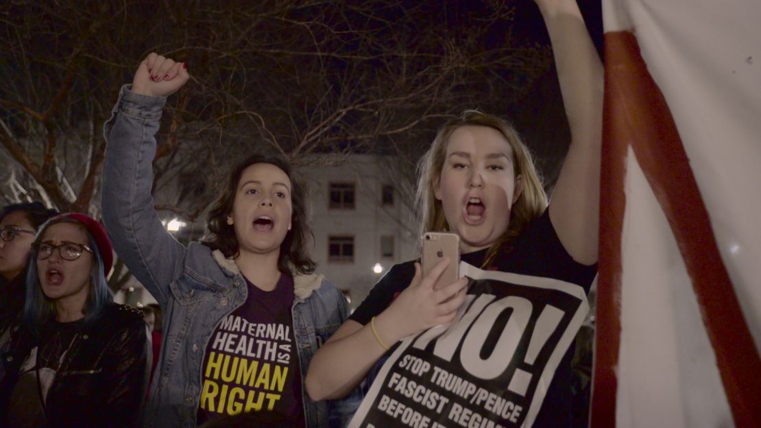Students at UC Davis in California protest the arrival of Milo Yiannopoulos.