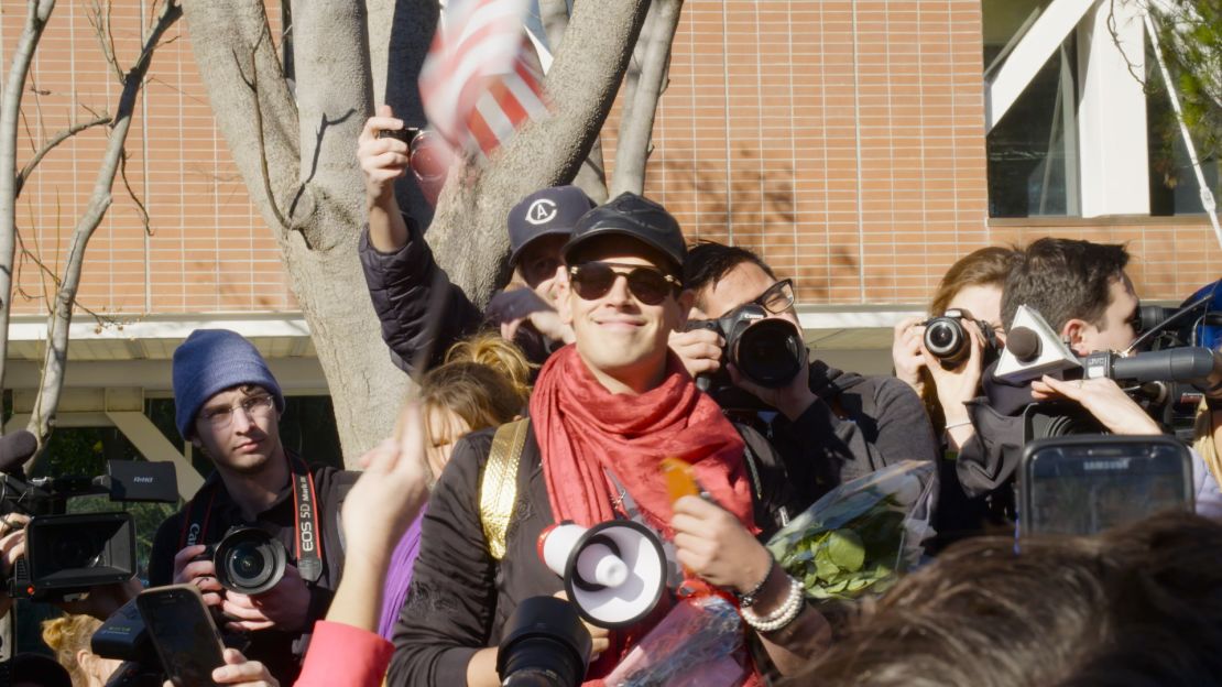 Milo Yiannopoulos leads a march on the UC Davis campus after his speaking event was canceled due to "security concerns."