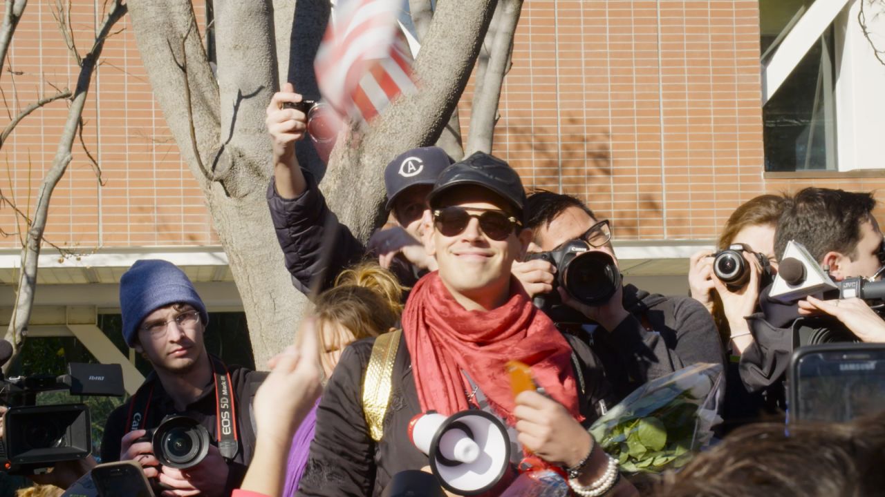 Milo Yiannopoulos leads a march on the UC Davis campus after his speaking event was canceled due to "security concerns."
