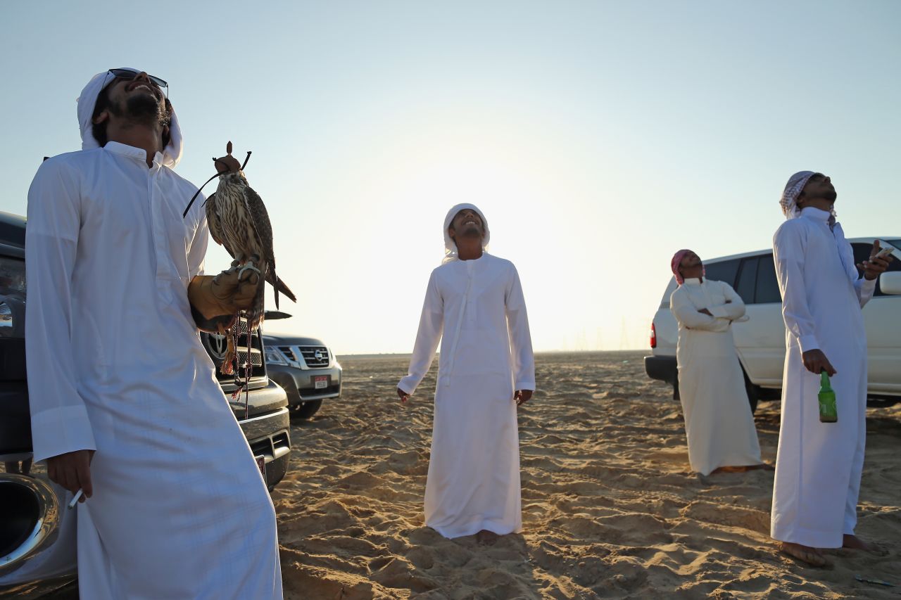 Emirati men watch as a small helicopter drone takes a lure consisting of a bundle of feathers up before letting their falcons catch it.