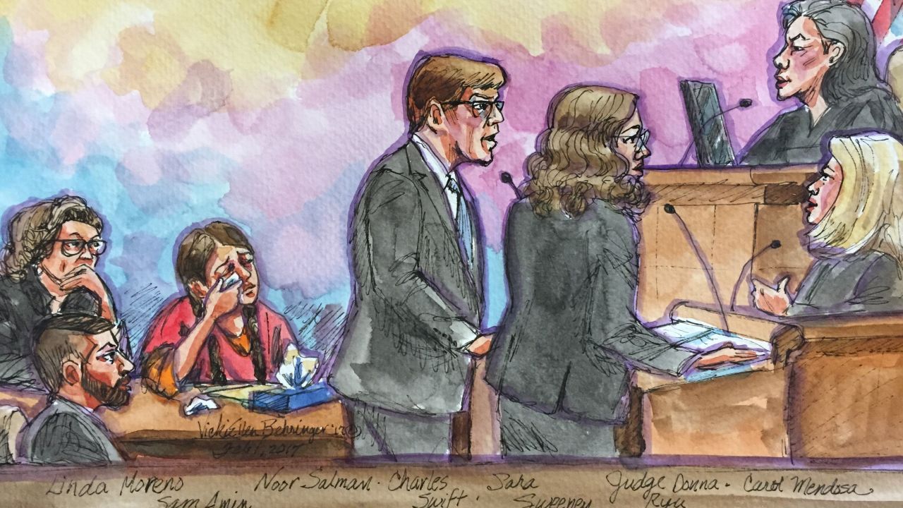 An artist rendering of the scene in a federal court room in Oakland, California, where lawyers wanted a judge to release Noor Salman, widow of Omar Mateen, on bail. 