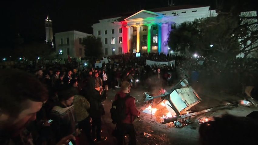Protests turned violent on the campus of U.C. Berkeley where right-wing speaker Milo Yiannopoulos was set to speak at the university on February 1, 2017.