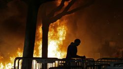 A bonfire set by demonstrators protesting a scheduled speaking appearance by Breitbart News editor Milo Yiannopoulos burns on Sproul Plaza on the University of California at Berkeley campus on Wednesday, Feb. 1, 2017, in Berkeley, Calif. The event was canceled out of safety concerns after protesters hurled smoke bombs, broke windows and started a bonfire. (AP Photo/Ben Margot)