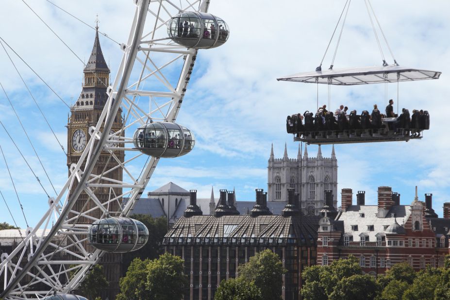 <strong>Dinner in the Sky: </strong>Restaurateurs in <a href="http://edition.cnn.com/travel/destinations/london/">London</a> are continuing to up the ante in the altitude dining stakes. One company, Dinner in the Sky, takes the concept to perhaps its ultimate conclusion: for London in the Sky, guests are strapped into their seats around a table and hoisted 100 feet into the air by crane. 