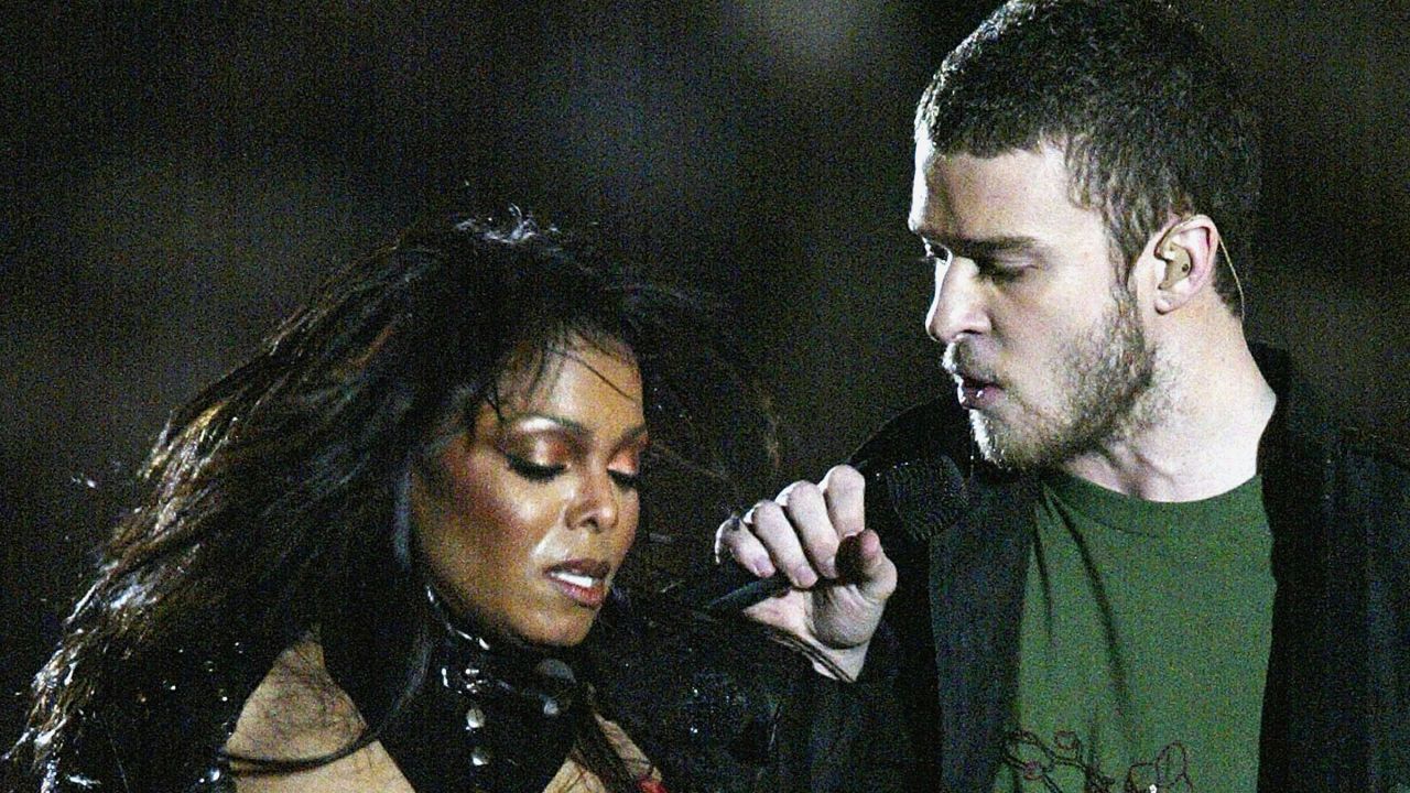 Janet Jackson performs with Justin Timberlake during the halftime show at Super Bowl XXXVIII between the New England Patriots and the Carolina Panthers at Reliant Stadium on February 1, 2004 in Houston, Texas. 