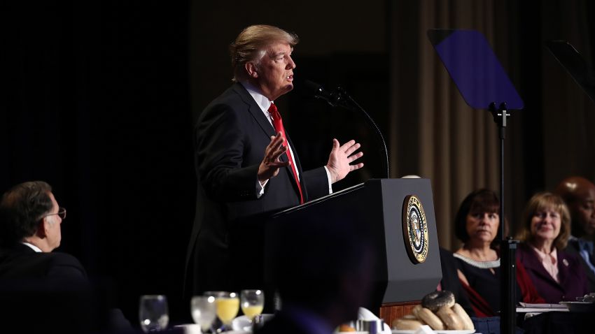 U.S. President Donald Trump delivers remarks at the National Prayer Breakfast February 2, 2017 in Washington, DC.