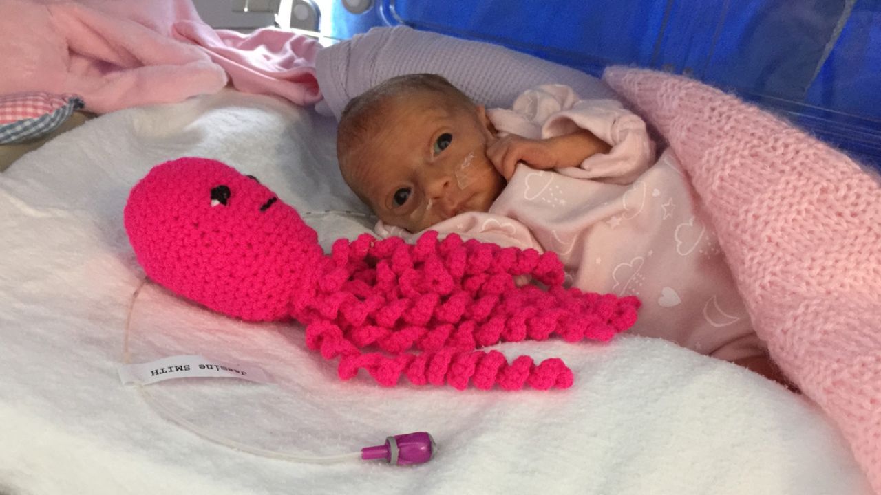 Crocheted octopi comfort and calm premature babies at Poole Hospital in the UK.
