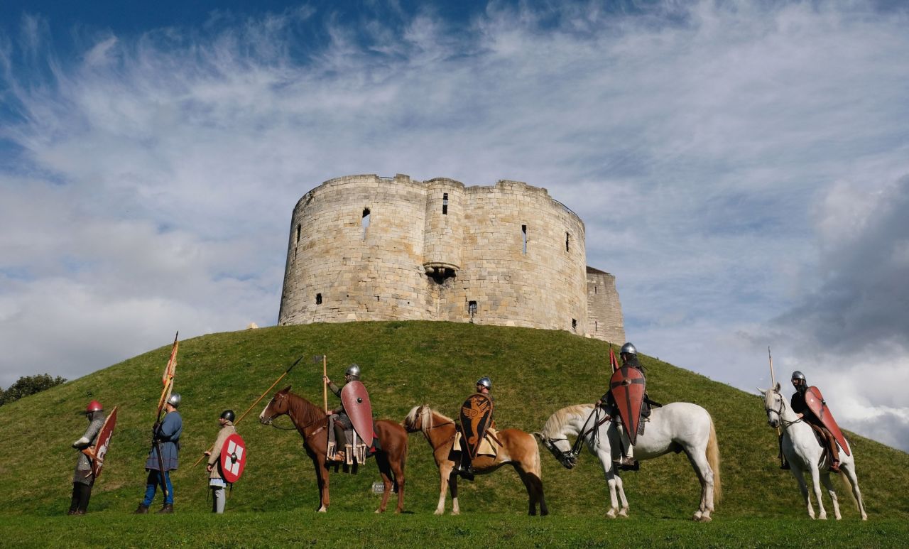 English Heritage re-enactors outside Clifford's Tower in York. 