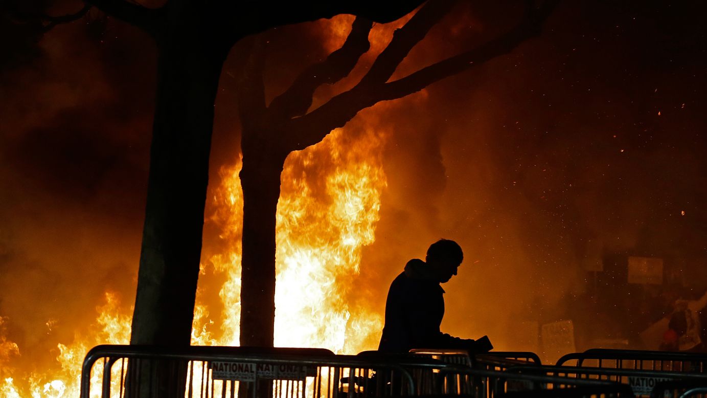 A fire set by demonstrators protesting a scheduled talk by Breitbart news editor Milo Yiannopoulos burns at the University of California, Berkeley campus on Wednesday, February 1. At least six people were injured during the protest. UC Berkeley <a href="http://www.cnn.com/2017/02/01/us/milo-yiannopoulos-berkeley/" target="_blank">said "150 masked agitators" were responsible for the unrest</a>, adding they came to disturb an otherwise peaceful protest. Administrators decided to cancel the event about two hours before Yiannopoulos' speech.