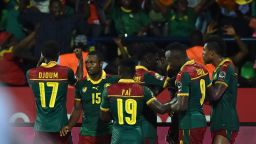 Cameroon's players celebrate after scoring a goal during the 2017 Africa Cup of Nations semi-final football match between Cameroon and Ghana in Franceville on February 2, 2017. / AFP / ISSOUF SANOGO        (Photo credit should read ISSOUF SANOGO/AFP/Getty Images)