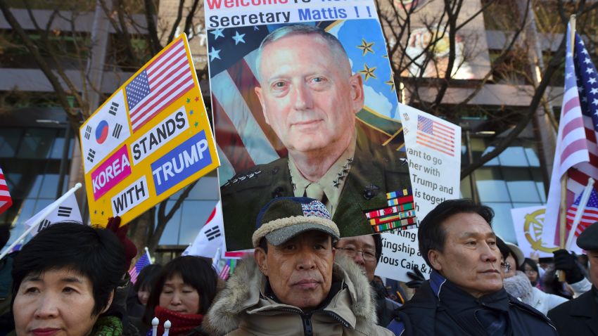 South Korean christians supporting US President Donald Trump hold placards during a rally to welcome the visit of the US Defense Secretary James Mattis in Seoul on February 2, 2017. 
Mattis will meet with South Korean Defense Minister Han Min-Koo and other senior officials as the meetings are expected to focus on ways to cope with North Korean threats and further strengthen the alliance. / AFP / JUNG Yeon-Je        (Photo credit should read JUNG YEON-JE/AFP/Getty Images)