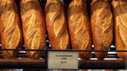 SAN FRANCISCO - APRIL 21:  Freshly baked loaves of sourdough bread are displayed at Boudin Bakery April 21, 2008 in San Francisco, California. Boudin, the oldest continuously operating business in San Francisco and the original Sourdough French bread maker is being forced to raise prices on its popular sourdough bread as the cost of flour has nearly tripled in the past year due to high wheat prices caused by strong worldwide demand and increased price speculation.  (Photo by Justin Sullivan/Getty Images)