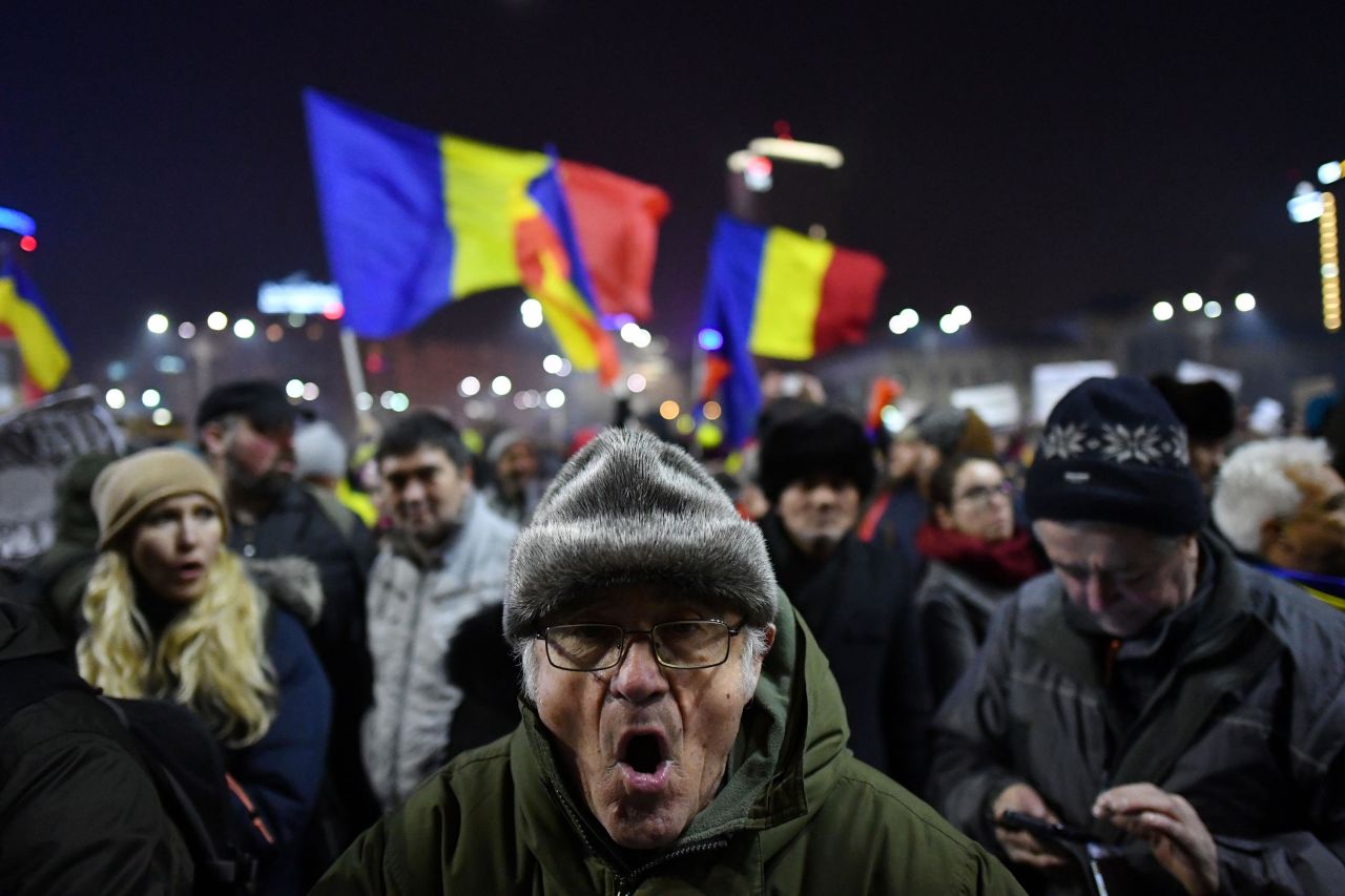 Romanians demonstrate in Bucharest on Thursday, February 2, after the government weakened penalties for corruption. Thursday marked the third night of anti-government protests in the Romanian capital.
