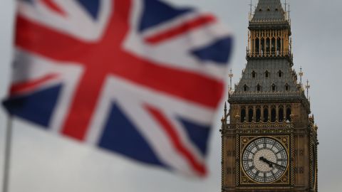 A British flag flies near the Elizabeth Tower, commonly known as Big Ben, in London.