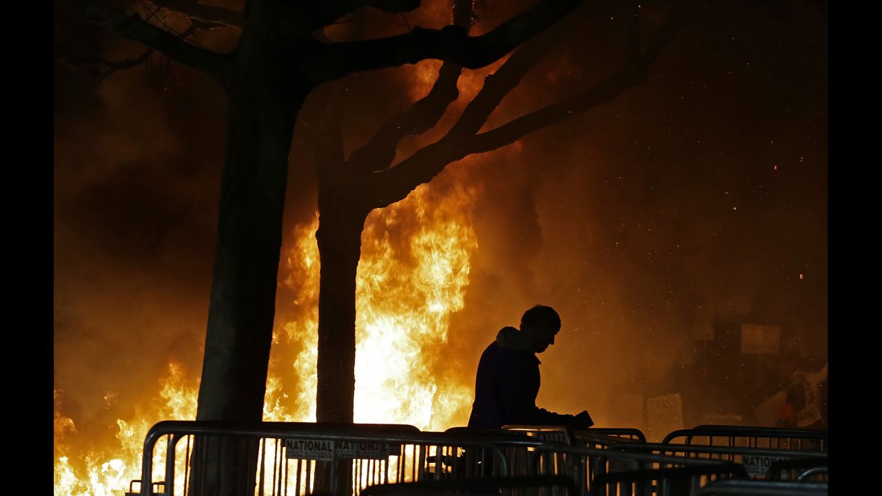A bonfire burns on the campus of the University of California-Berkeley on Wednesday, February 1. <a href="http://www.cnn.com/2017/02/01/us/milo-yiannopoulos-berkeley/" target="_blank">Protests turned violent</a> ahead of a planned speech by right-wing commentator Milo Yiannopoulos, an outspoken editor for Breitbart News. The university blamed "150 masked agitators" for the unrest, saying they had come to campus to disturb an otherwise peaceful protest. Yiannopoulos' speech was canceled.