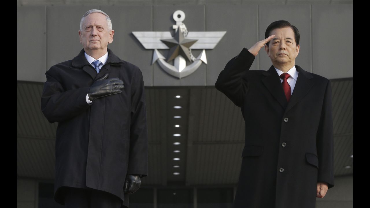 US Defense Secretary James Mattis, left, and South Korean Defense Minister Han Min-goo attend a welcome ceremony for Mattis in Seoul, South Korea, on Friday, February 3. Mattis <a href="http://www.cnn.com/2017/01/30/politics/japan-james-mattis-visit/" target="_blank">will also be visiting Japan</a> as part of his first trip as secretary.
