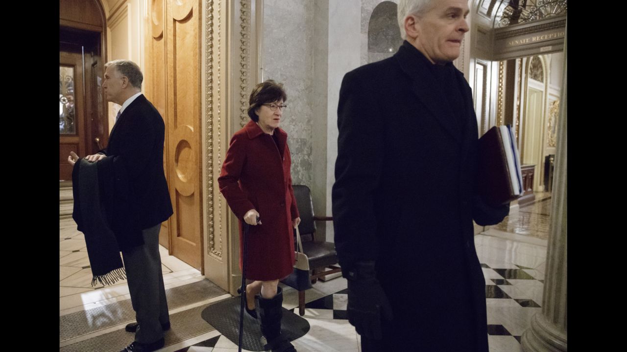 From left, US Sens. Thom Tillis, Susan Collins and Bill Cassidy depart the Senate chamber on Friday, February 3, as lawmakers gathered for a predawn vote to advance the nomination of Betsy DeVos, who is President Trump's nominee for education secretary. DeVos <a href="http://www.cnn.com/2017/02/03/politics/betsy-devos-clears-another-hurdle-in-early-morning-senate-vote/" target="_blank">is expected to be confirmed Monday</a> with the help of Vice President Mike Pence, who will be in the chamber to break an expected 50-50 tie. Collins was one of two Republican senators who voted against DeVos.