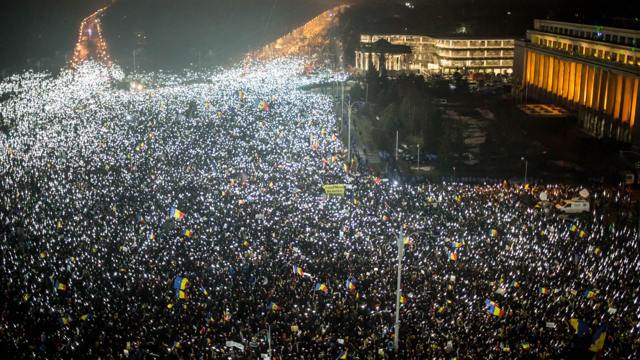 Romanians protest against the corruption decree on February 5 in Bucharest. 