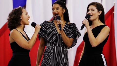 Original "Hamilton" Schuyler sisters Phillipa Soo, Rene Elise Goldsberry, and Jasmine Cephas Jones, sing "America the Beautiful" at Super Bowl LI.
