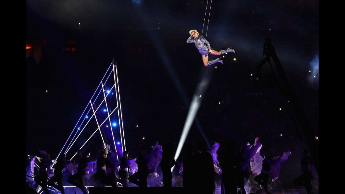 Gaga hangs in the air during her performance.