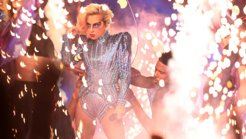 Pop star Lady Gaga performs at halftime. <a href="index.php?page=&url=http%3A%2F%2Fwww.cnn.com%2F2017%2F02%2F05%2Fentertainment%2Fgallery%2Fsuper-bowl-li-halftime-show-lady-gaga%2Findex.html" target="_blank">See more photos from her halftime show</a>