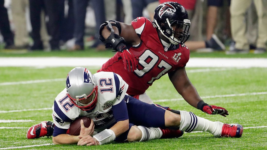 Brady is sacked by Grady Jarrett in the fourth quarter. Jarrett had three sacks in the game.