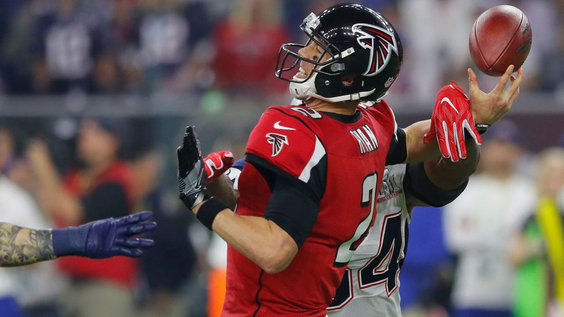 Atlanta quarterback Matt Ryan fumbles as he's sacked by Dont'a Hightower in the fourth quarter.