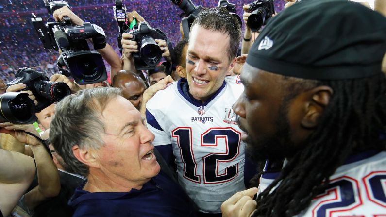 Patriots head coach Bill Belichick, left, talks to running back LeGarrette Blount as Brady looks on. Belichick has now won more Super Bowls (five) than any other head coach in NFL history. He also won two rings as an assistant coach with the New York Giants. <a  target="_blank">See more Super Bowl records</a>