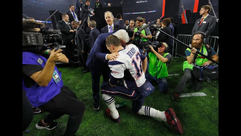 Brady celebrates with Patriots owner Robert Kraft after the game. Brady was named the game's Most Valuable Player. He has won five Super Bowls in his career -- one more than any other starting quarterback in history -- and he's also won the MVP award a record four times. <a href="index.php?page=&url=http%3A%2F%2Fwww.cnn.com%2F2015%2F01%2F25%2Fus%2Fgallery%2Fsuper-bowl-mvps%2Findex.html" target="_blank">Photos: Super Bowl MVPs</a>