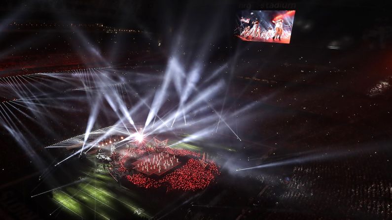 The stage is seen from above as Gaga performs.