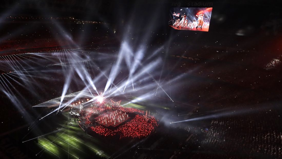 The stage is seen from above as Gaga performs.   
