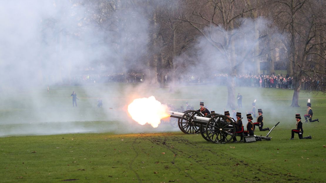 A 41-gun salute is staged in Green Park, London to mark the Queen's Sapphire Jubilee.
