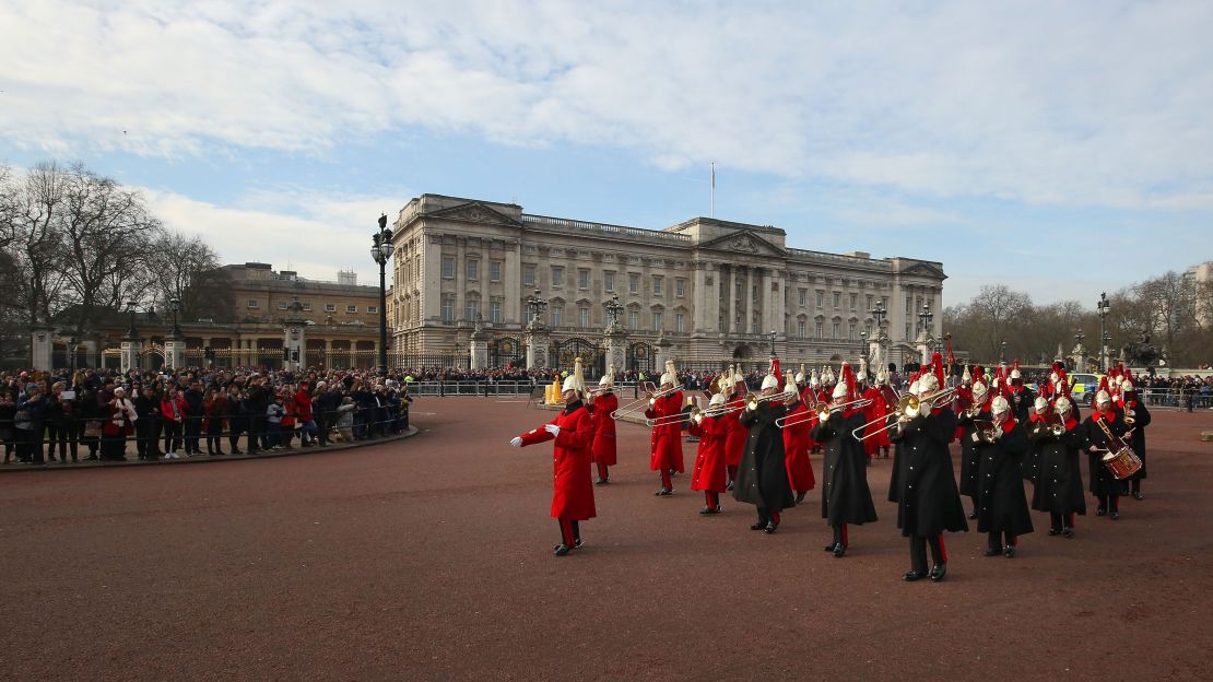 The band of the Household Cavalry plays outside Buckingham Palace on February 6.