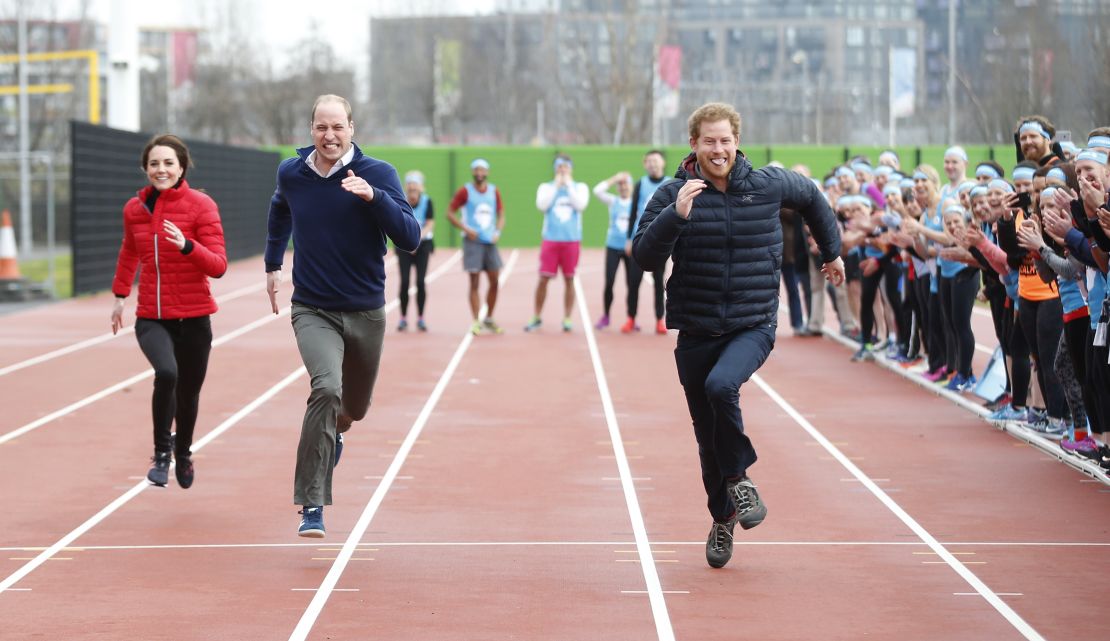 Prince Harry races against his older brother and Catherine, Duchess of Cambridge, in February 2017 at an event for mental health initiative Heads Together.